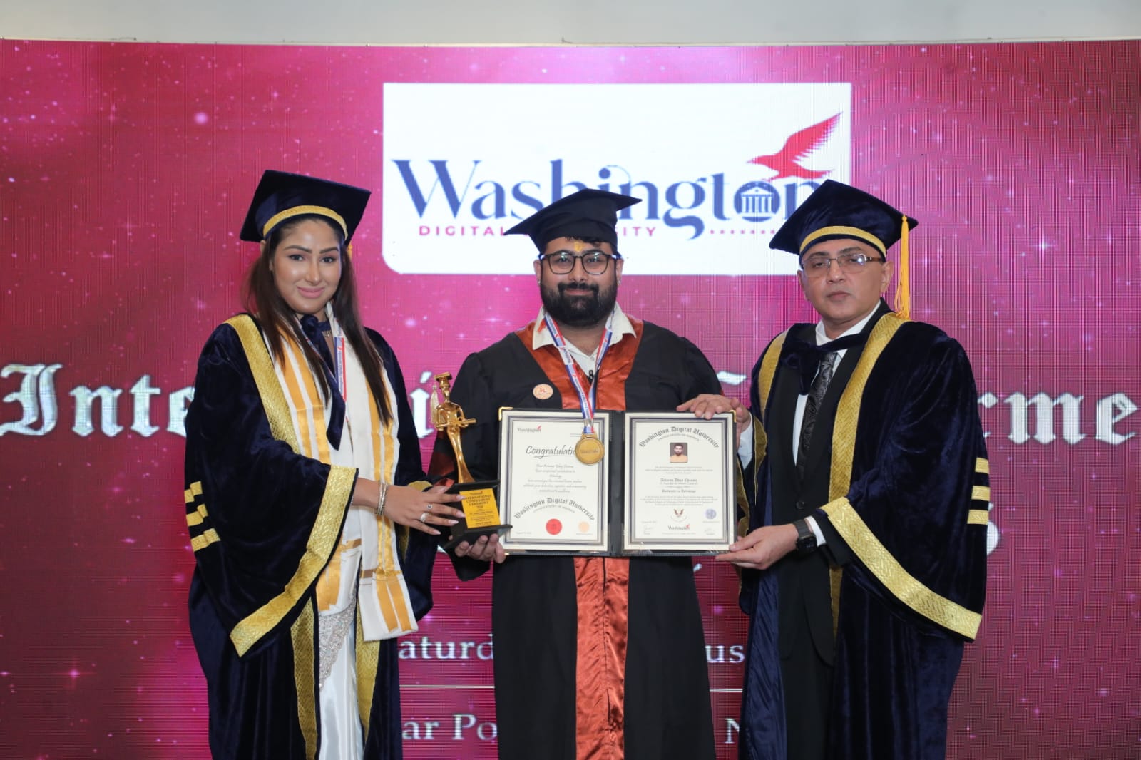 Dr. Acharya Uday Cheema Ji receiving doctoral degree at Washington Digital University