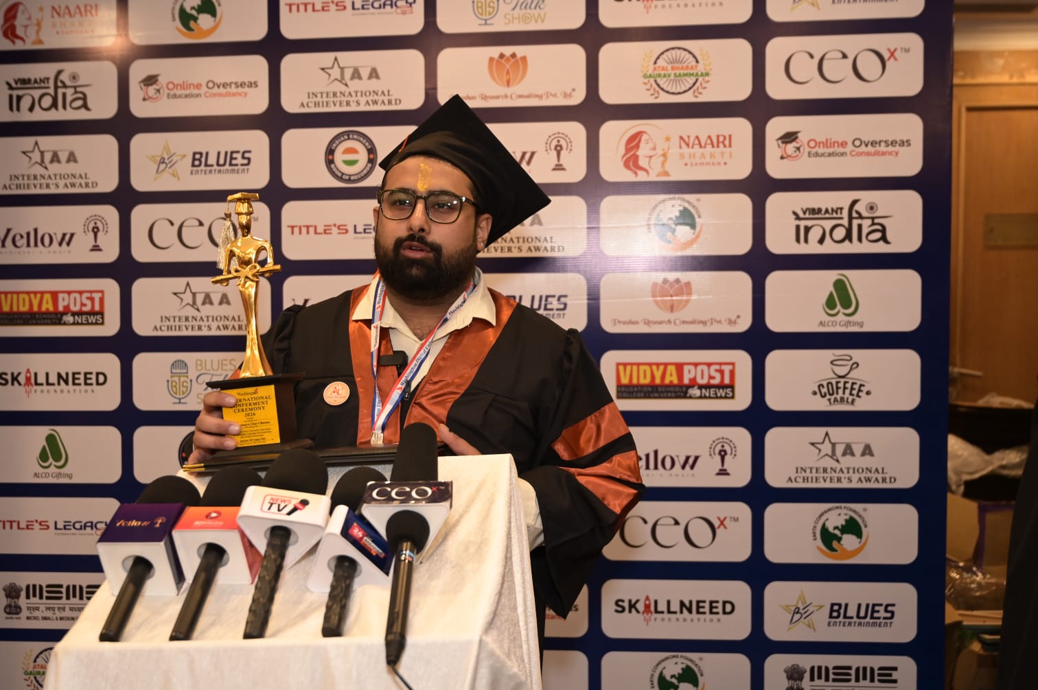Dr. Acharya Uday Cheema Ji at press conference – International Conferment Ceremony 2026